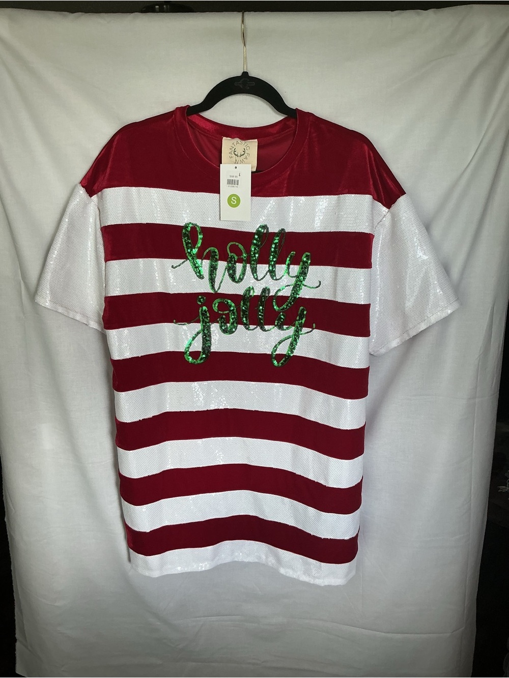 Fantastic Fawn Red and White Striped Sequin Tee with Green Script